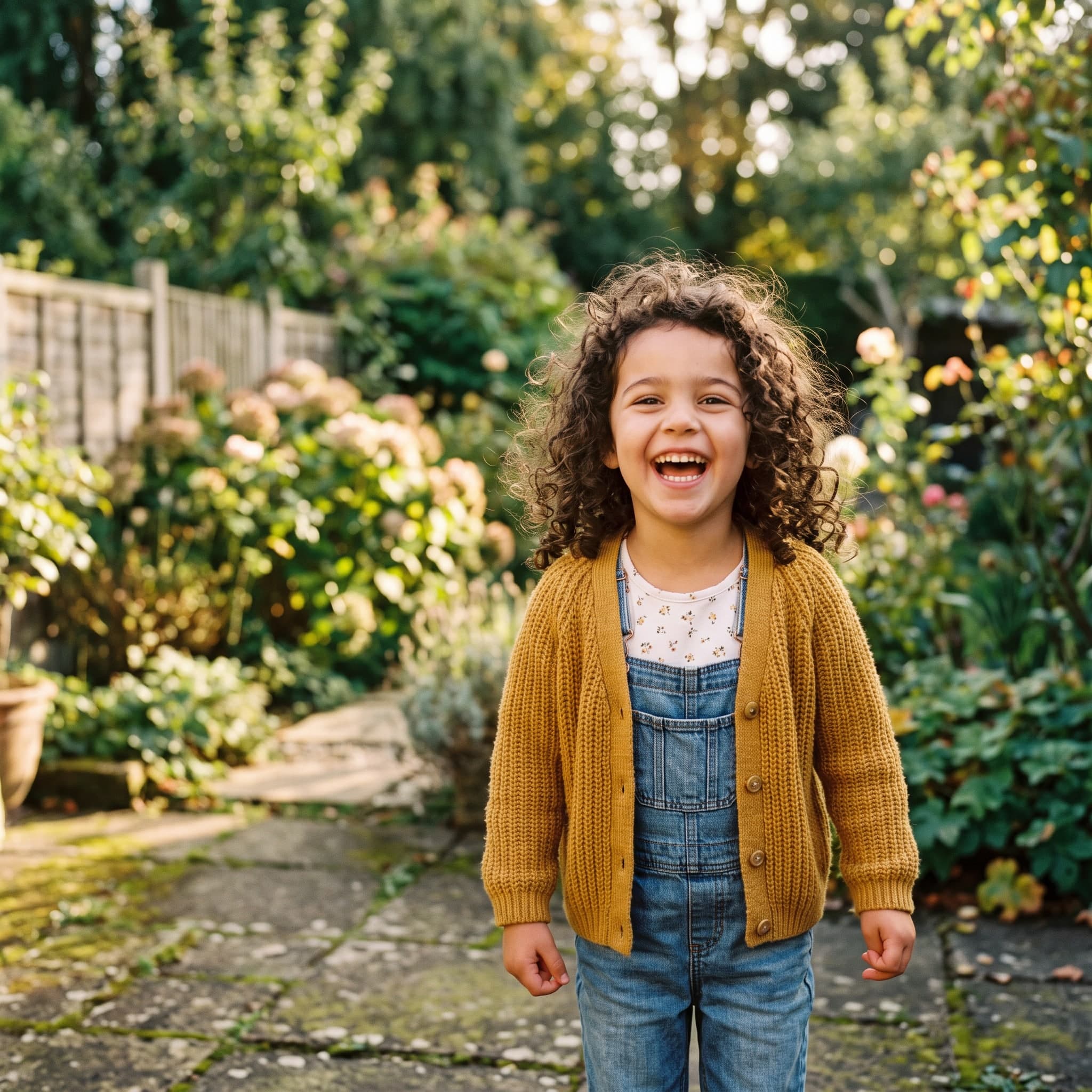 A photograph of a young girl in a yellow cardigan, laughing in a garden